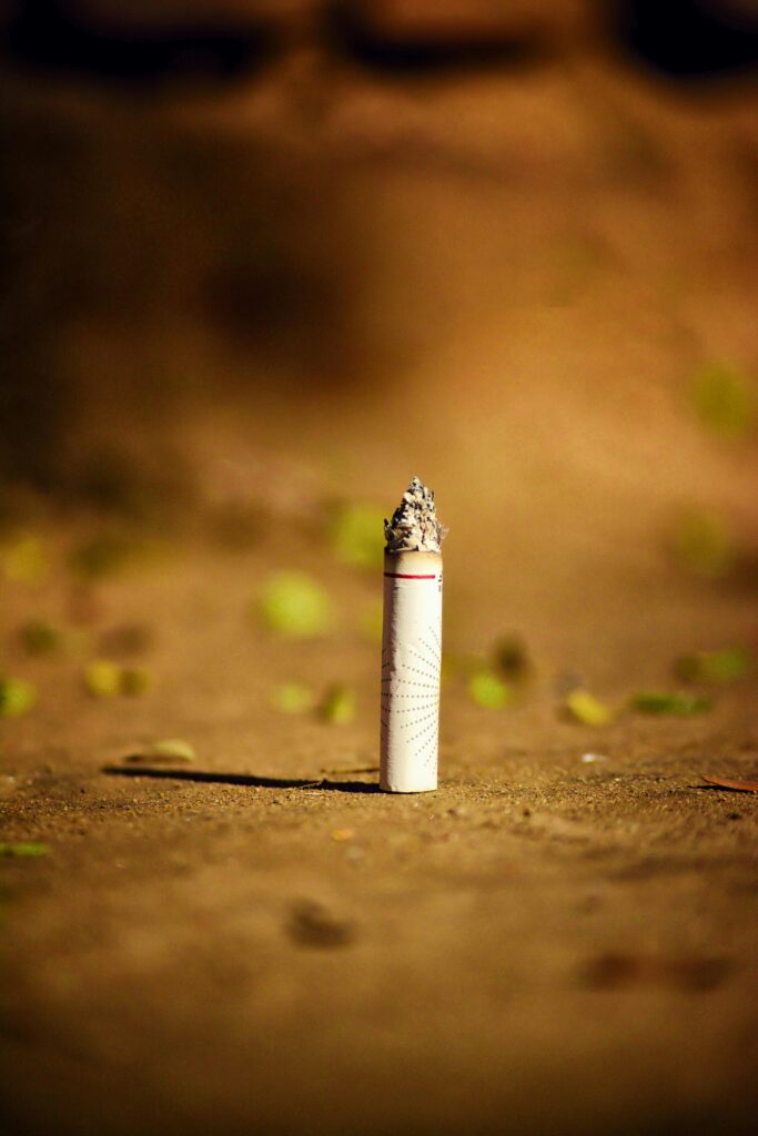 A detailed close-up of a cigarette standing on the ground with a blurred natural background, capturing the theme of smoking.